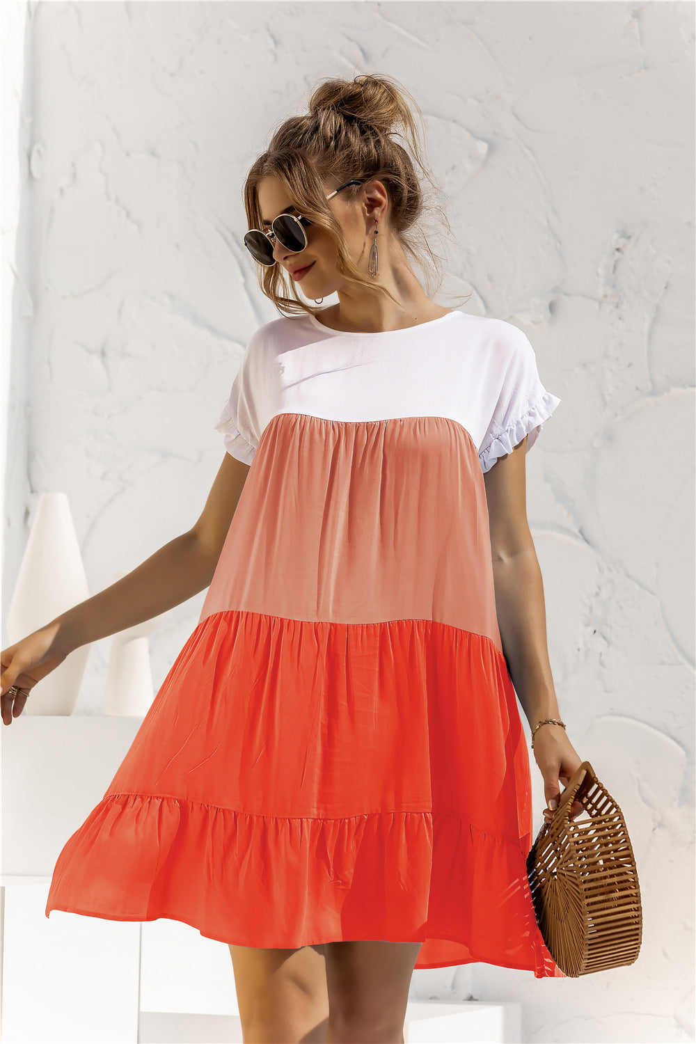 Buy Color Block Round Neck Ruffle Hem Dress by YO