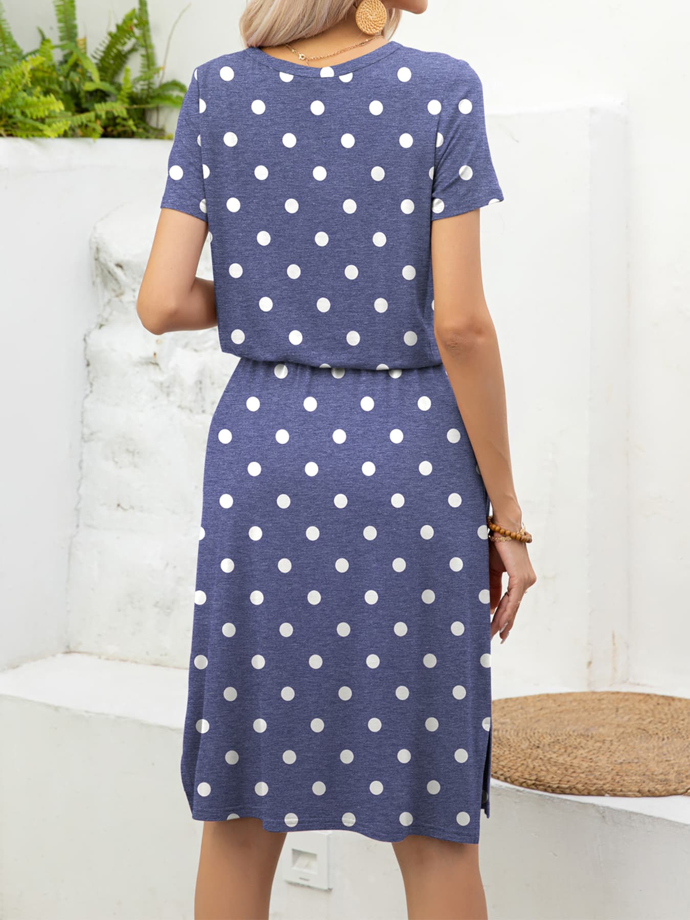 Buy Round Neck Short Sleeve Slit Dress with Pockets by Putica