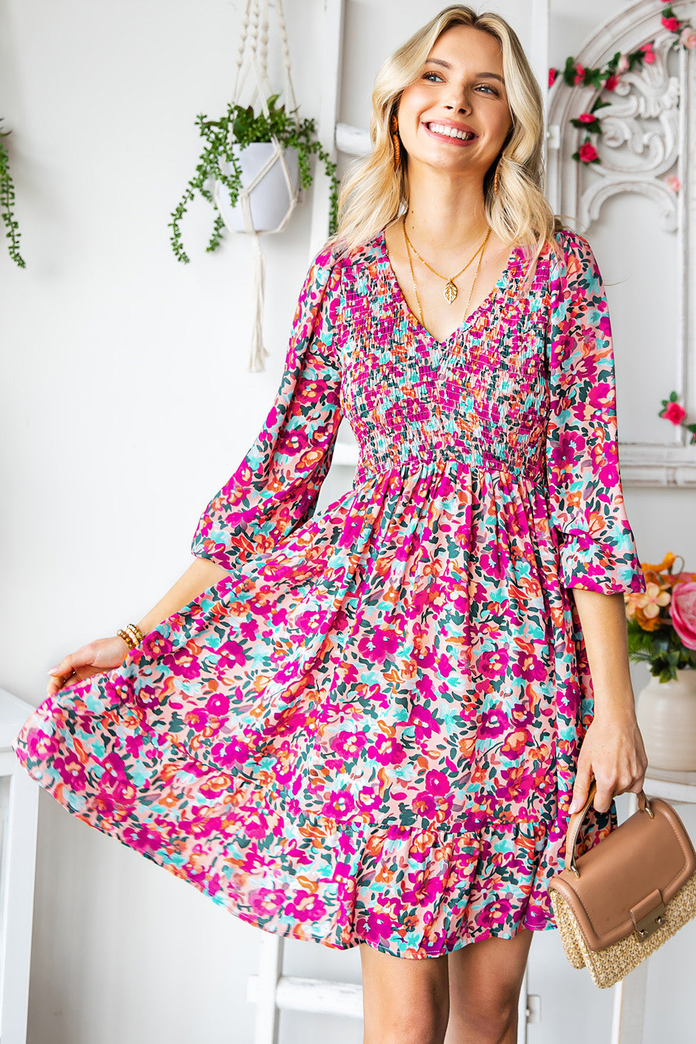 Buy Floral Smocked V-Neck Flounce Sleeve Dress by Faz