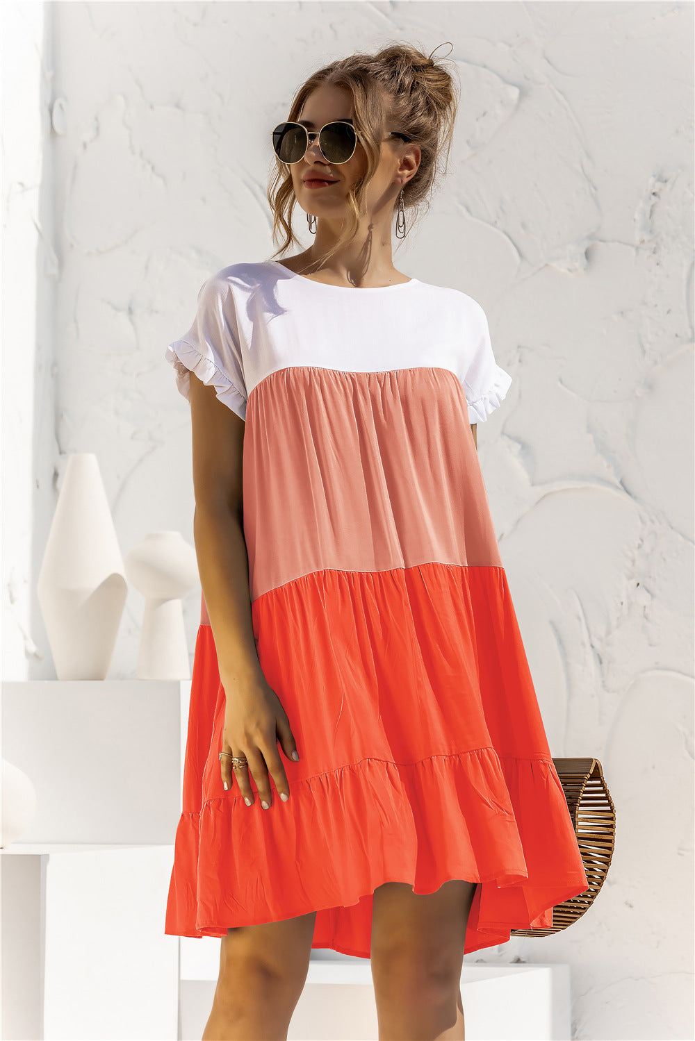 Buy Color Block Round Neck Ruffle Hem Dress by YO