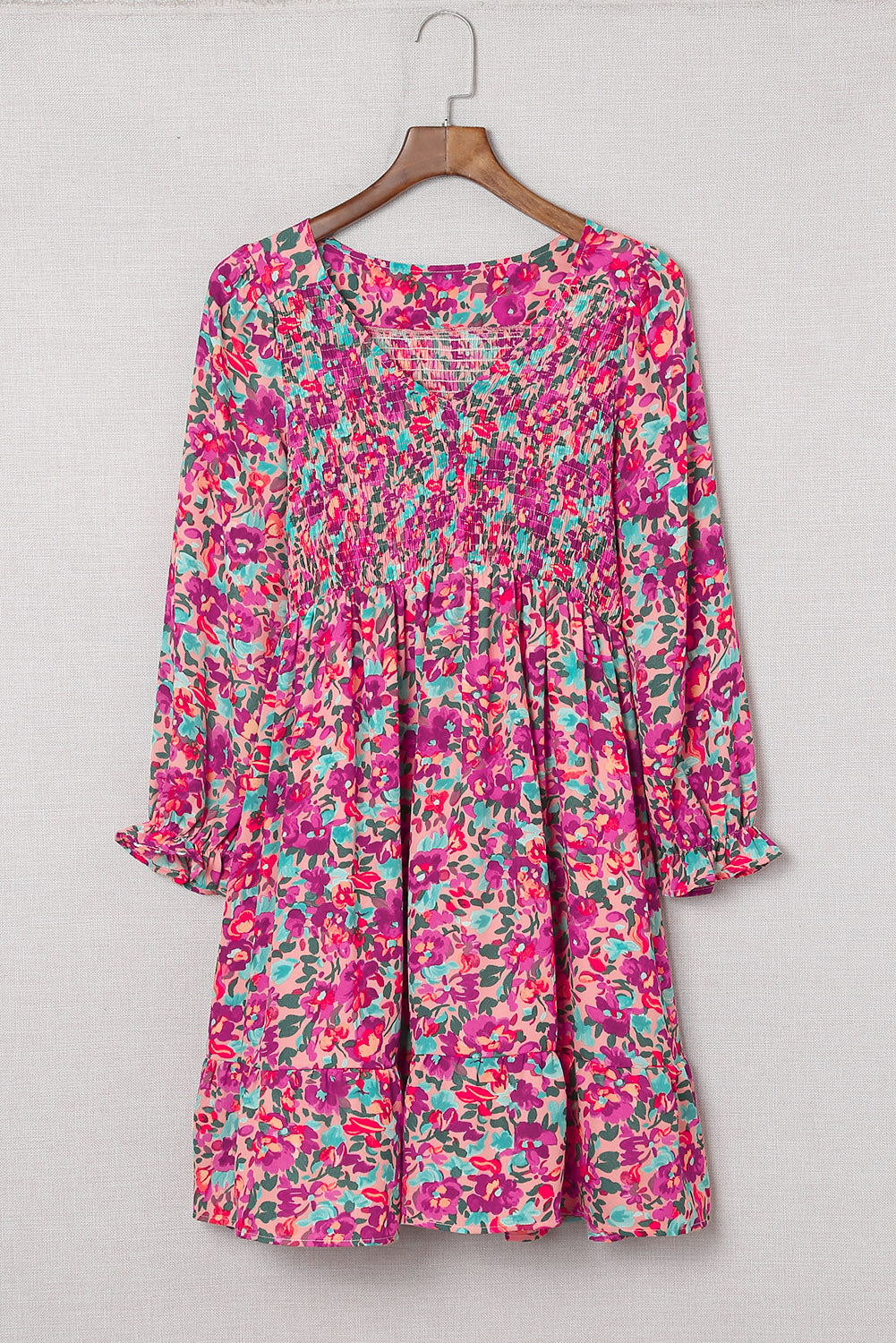 Buy Floral Smocked V-Neck Flounce Sleeve Dress by Faz