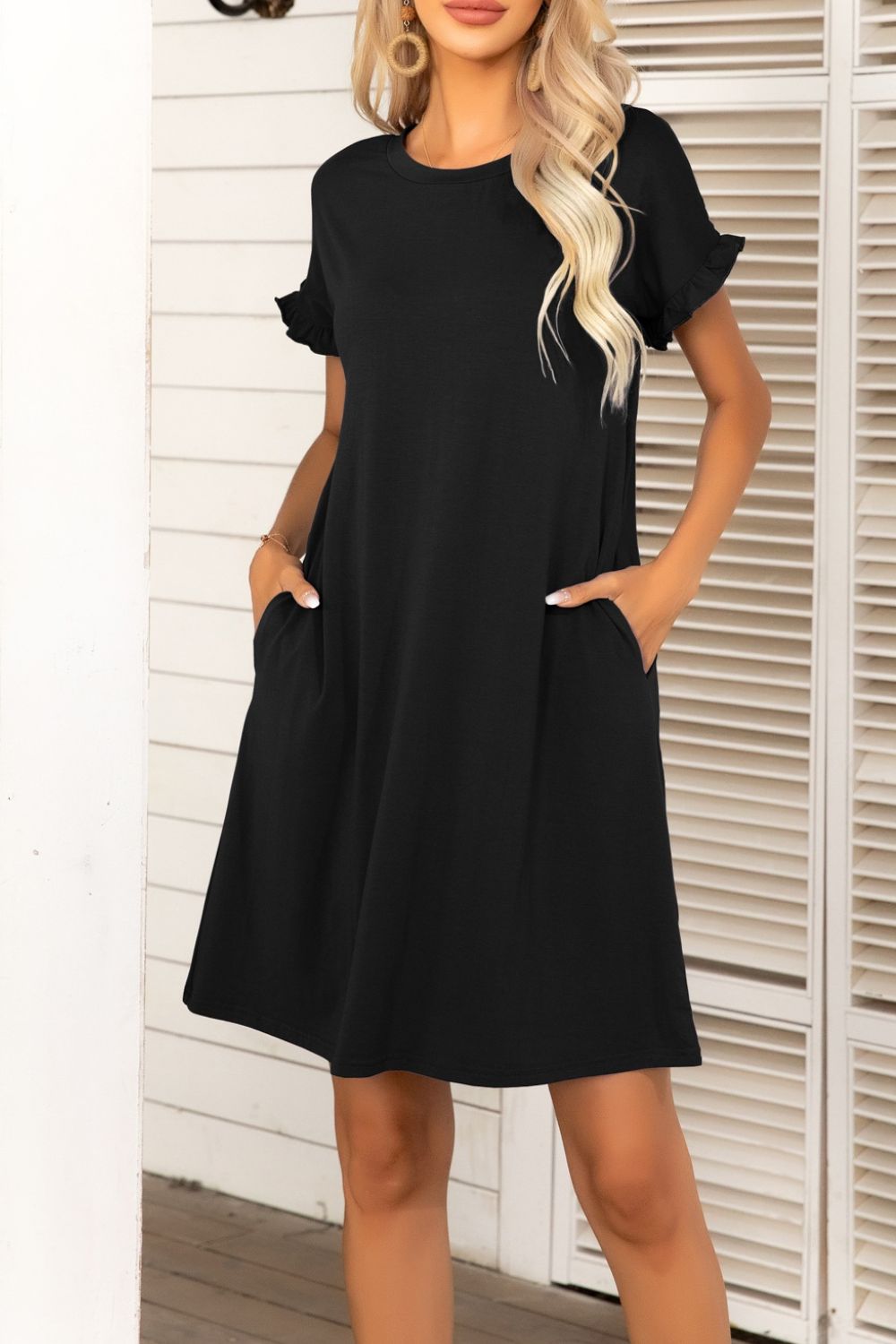 Buy Flounce Sleeve Round Neck Dress with Pockets by Putica