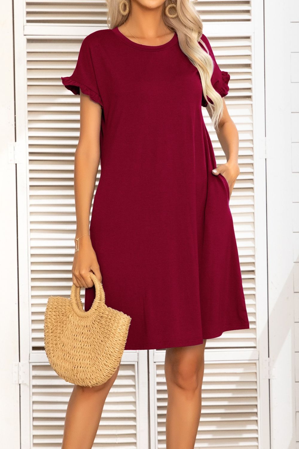 Buy Flounce Sleeve Round Neck Dress with Pockets by Putica