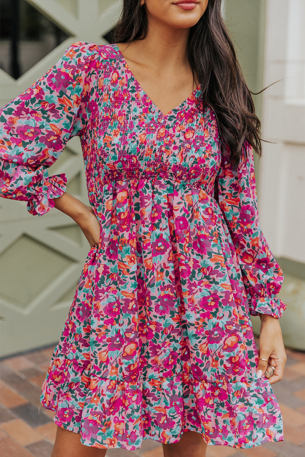 Buy Floral Smocked V-Neck Flounce Sleeve Dress by Faz