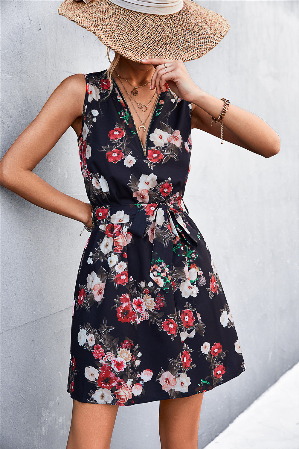 Buy Printed Zip Detail Belted Sleeveless Dress by YO