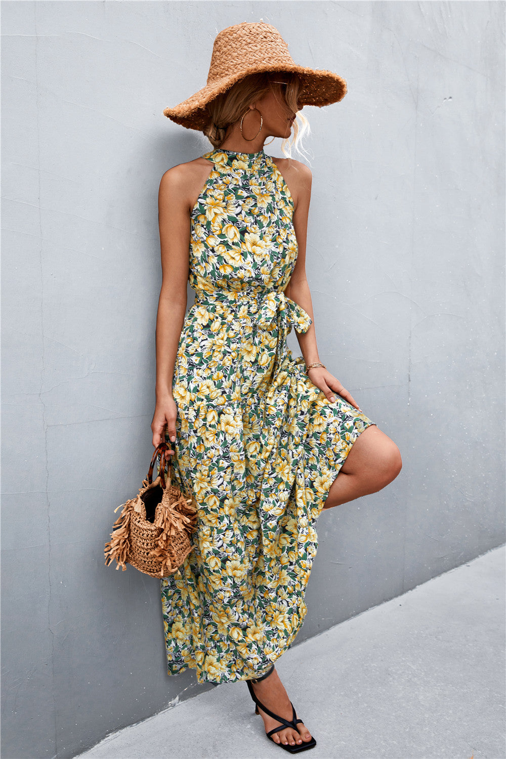 Buy Printed Sleeveless Tie Waist Maxi Dress by YO