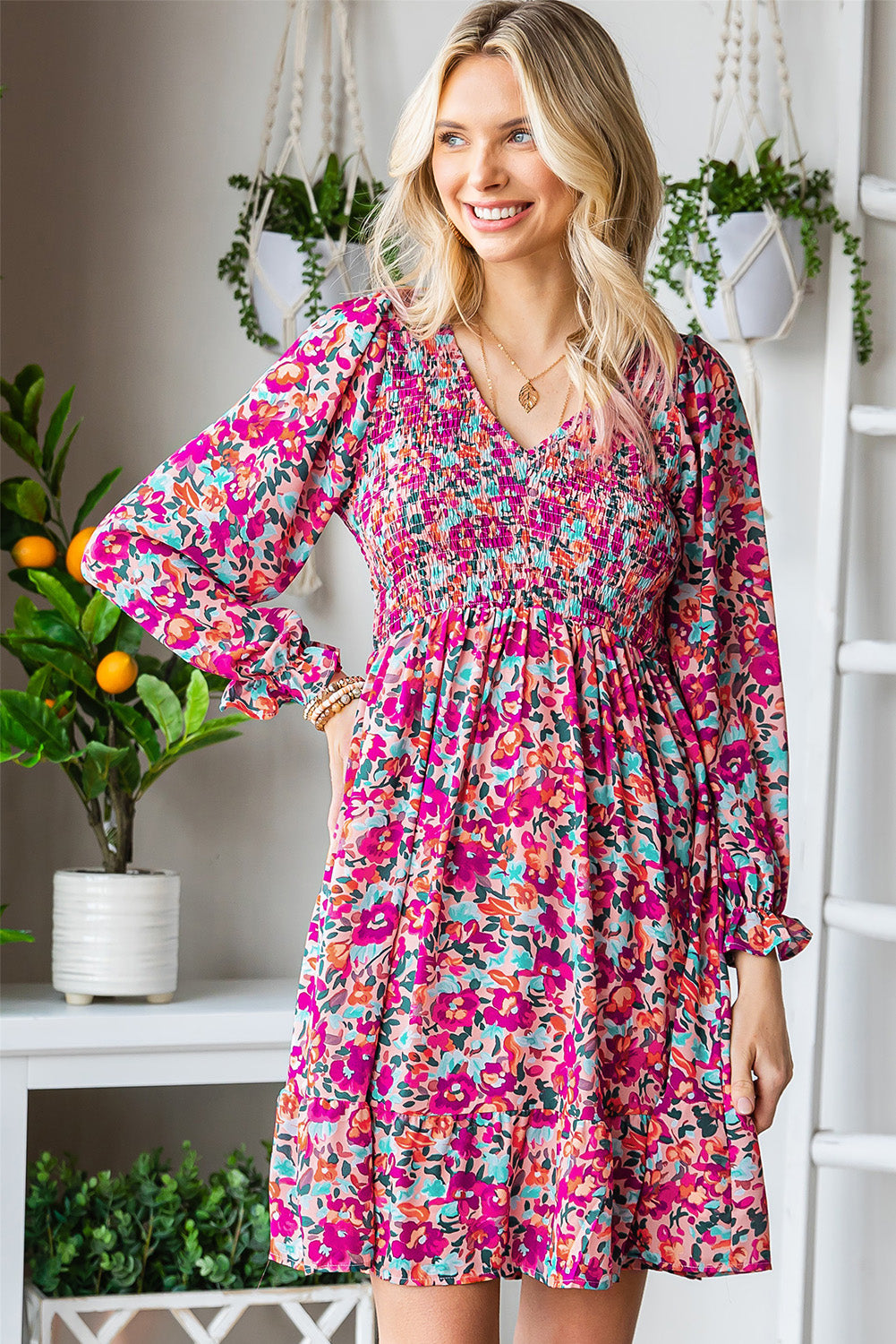 Buy Floral Smocked V-Neck Flounce Sleeve Dress by Faz