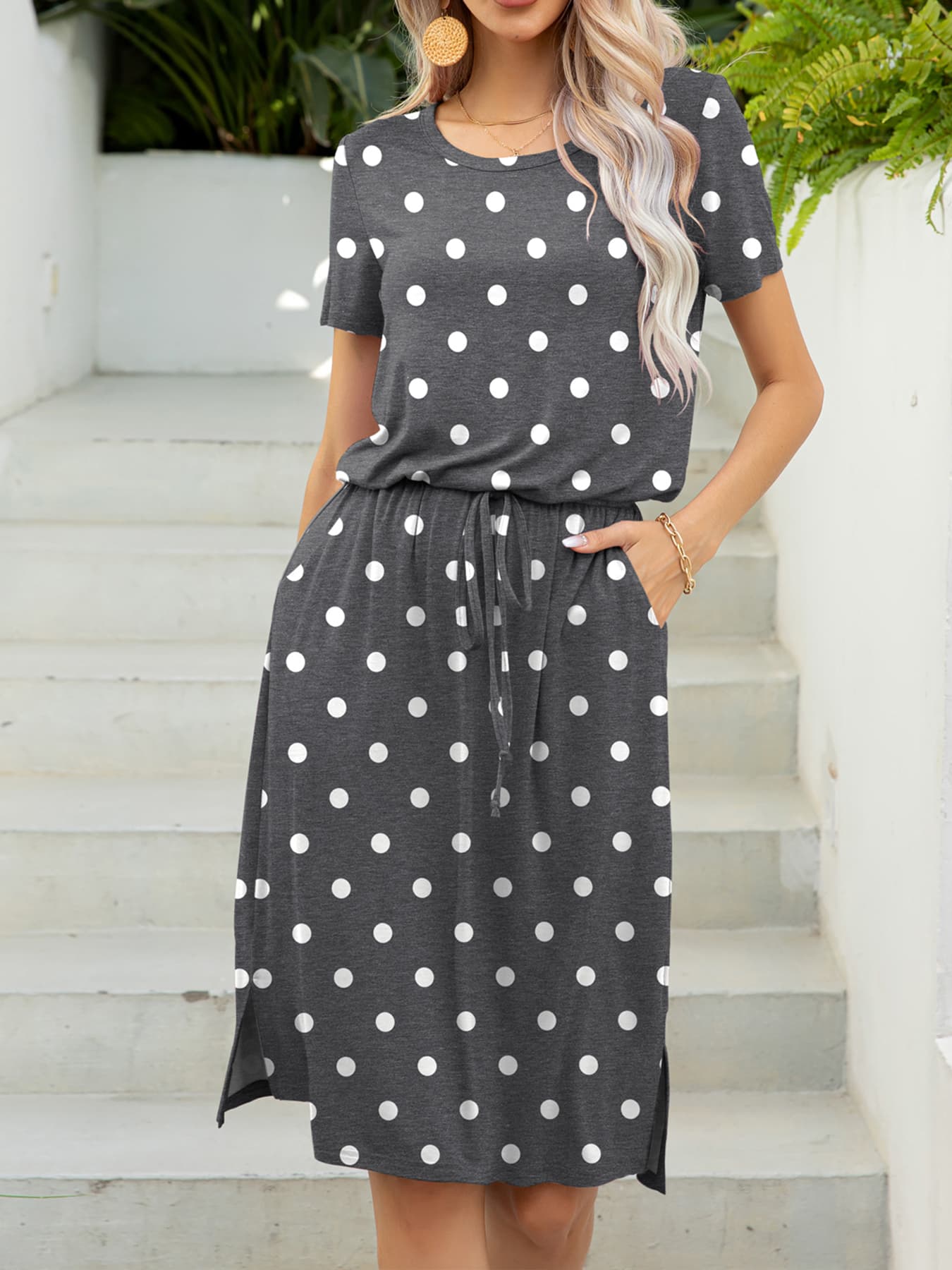 Buy Round Neck Short Sleeve Slit Dress with Pockets by Putica