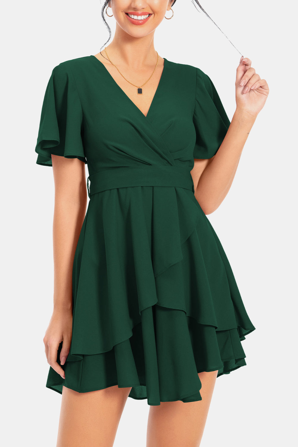Buy Surplice Neck Flutter Sleeve Dress by A&D