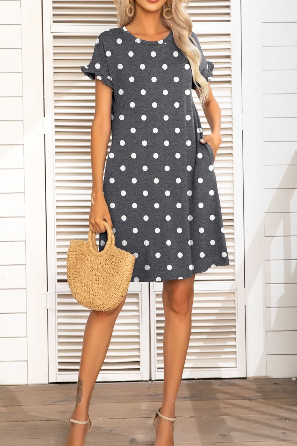 Buy Flounce Sleeve Round Neck Dress with Pockets by Putica