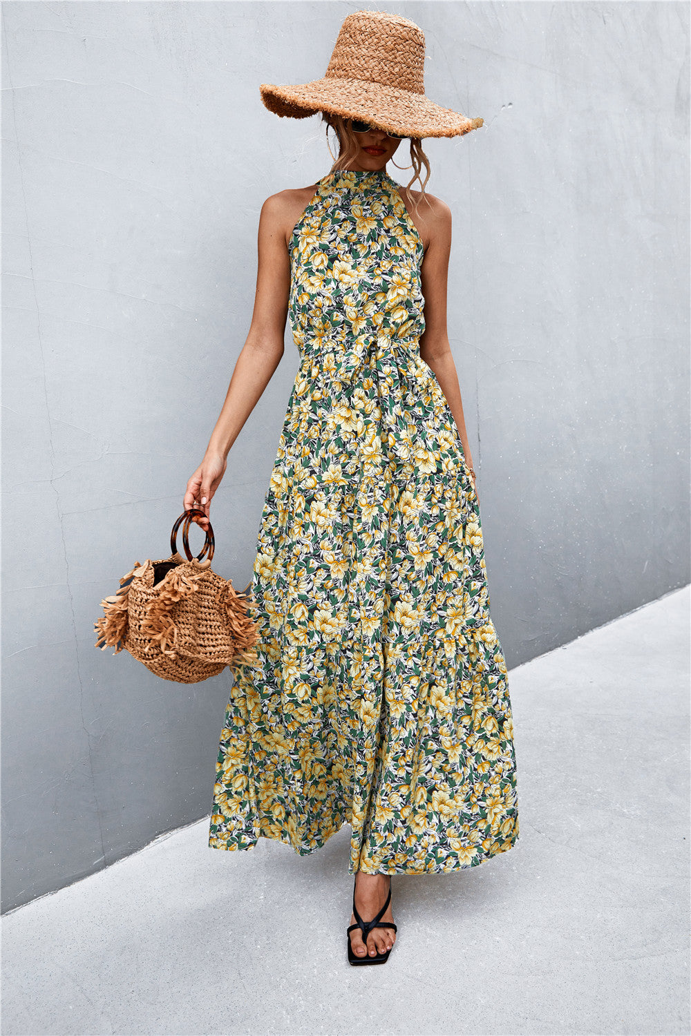 Buy Printed Sleeveless Tie Waist Maxi Dress by YO
