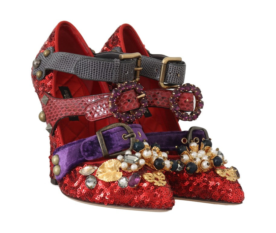 Buy Red Sequined Crystal Studs Heels Shoes by Dolce & Gabbana