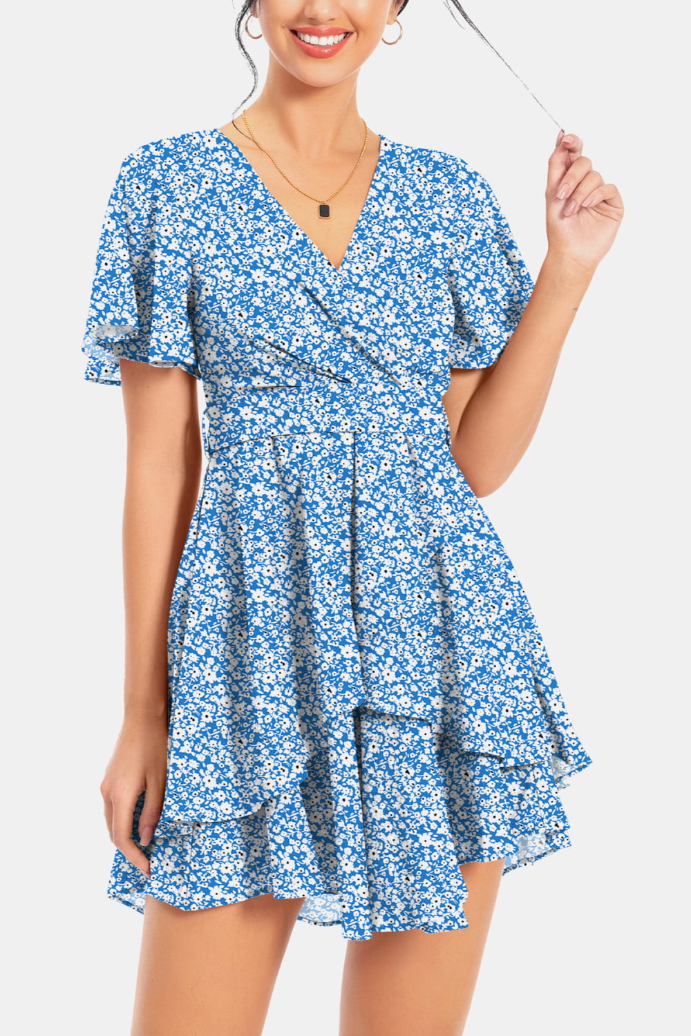 Buy Surplice Neck Flutter Sleeve Dress by A&D