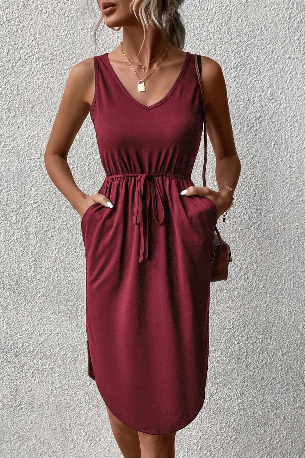 Buy V-Neck Curved Hem Sleeveless Dress by Hundredth