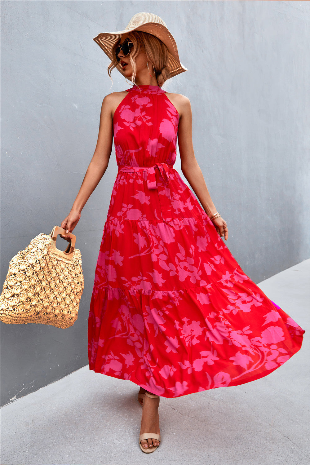 Buy Printed Sleeveless Tie Waist Maxi Dress by YO