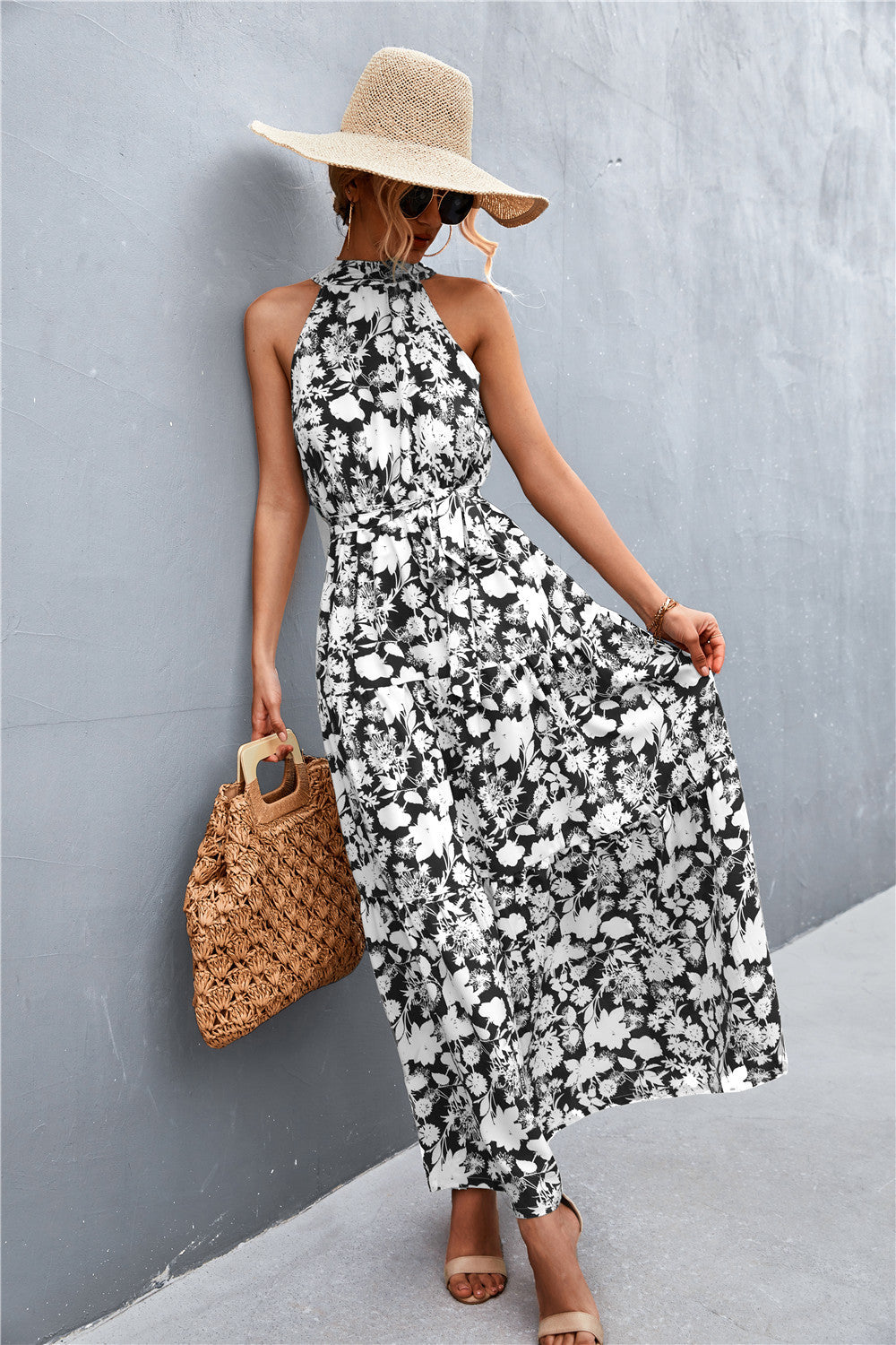 Buy Printed Sleeveless Tie Waist Maxi Dress by YO