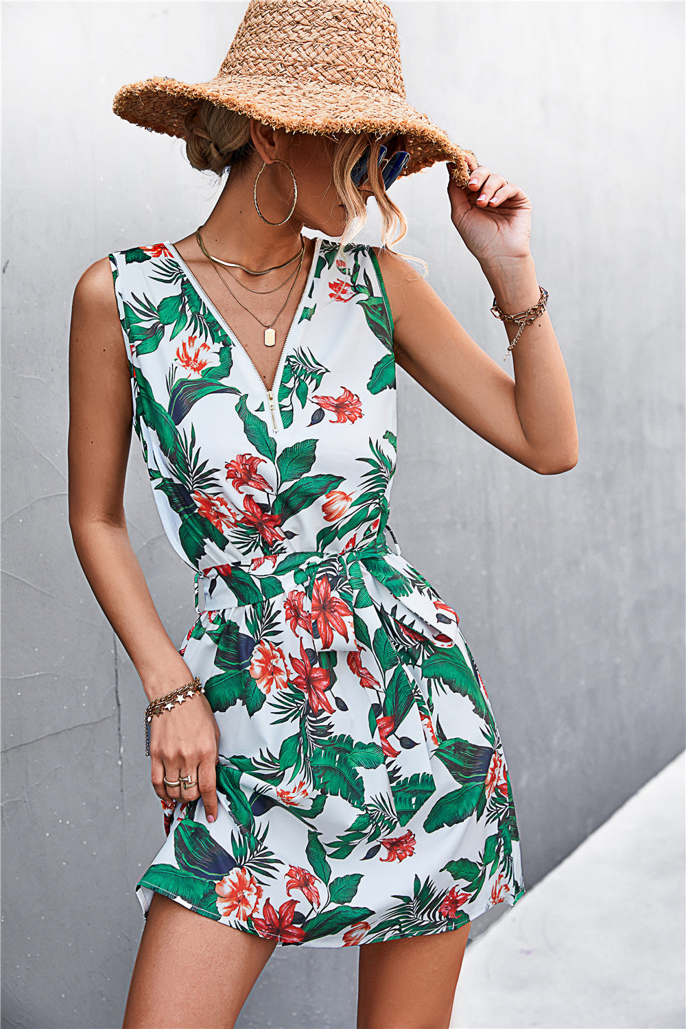 Buy Printed Zip Detail Belted Sleeveless Dress by YO