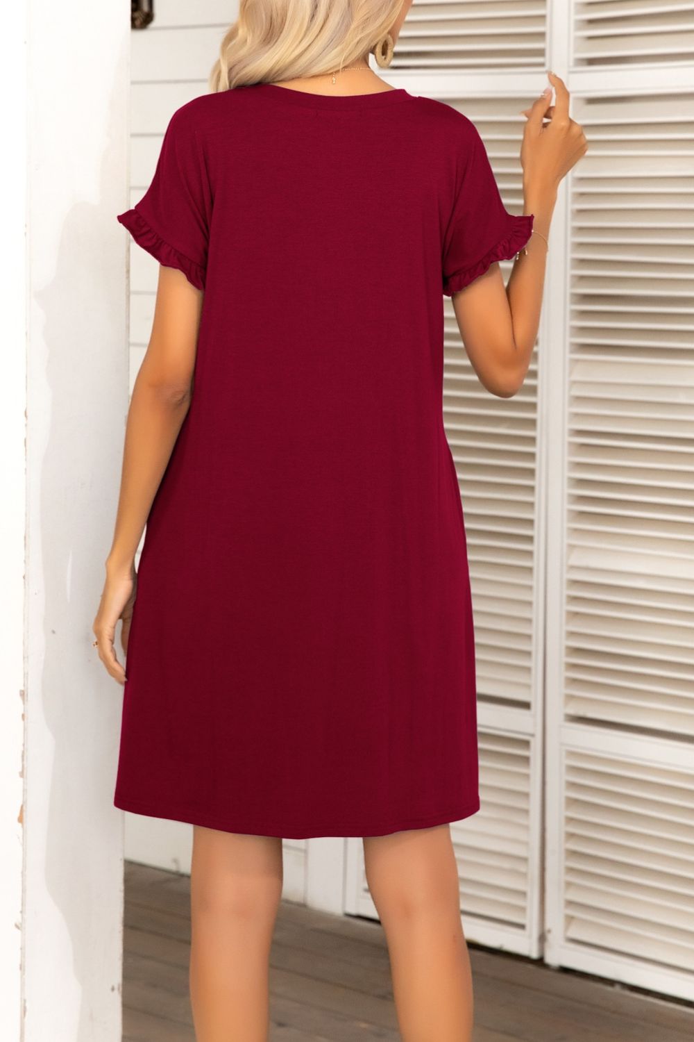 Buy Flounce Sleeve Round Neck Dress with Pockets by Putica