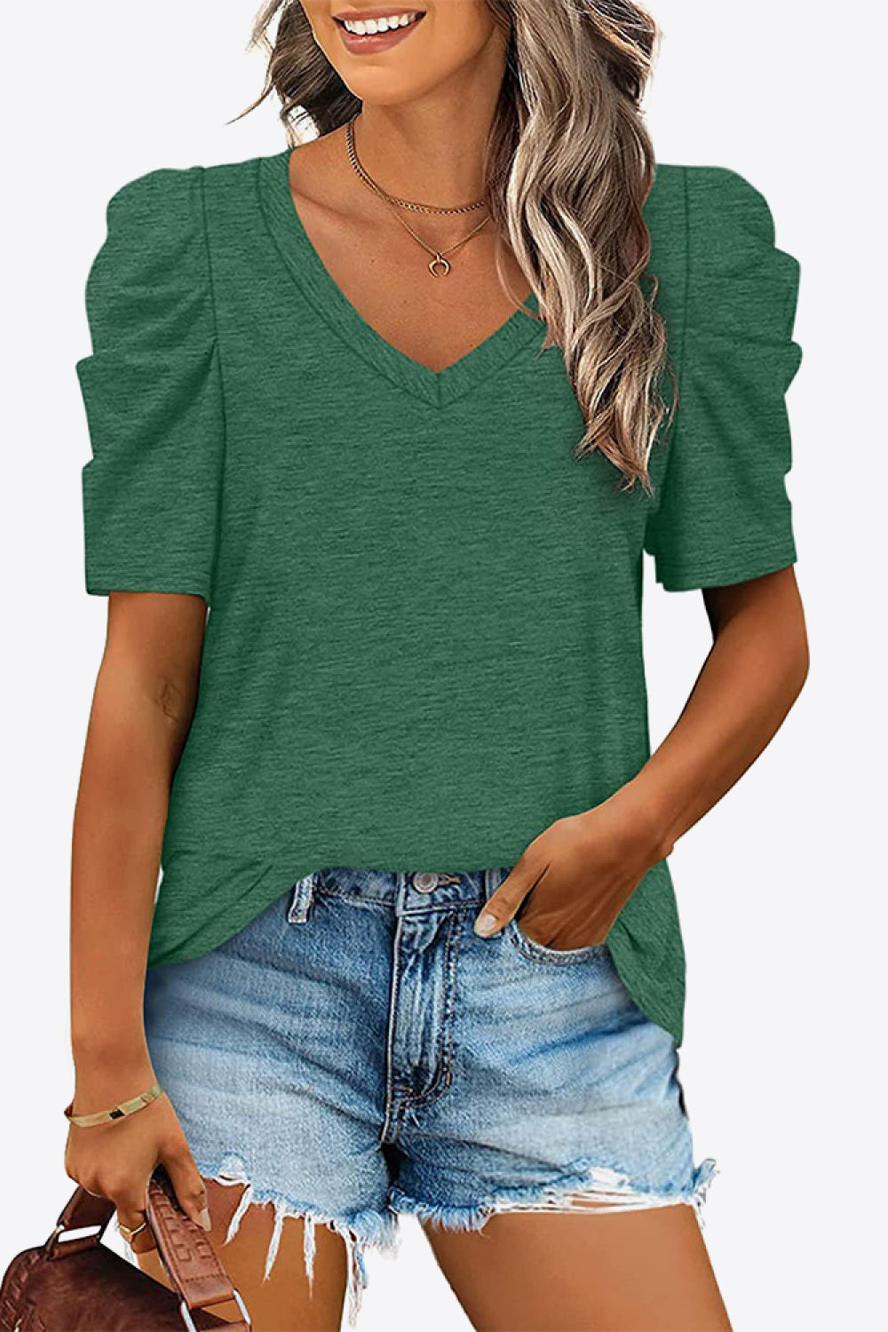 Buy V-Neck Puff Sleeve Tee by Faz