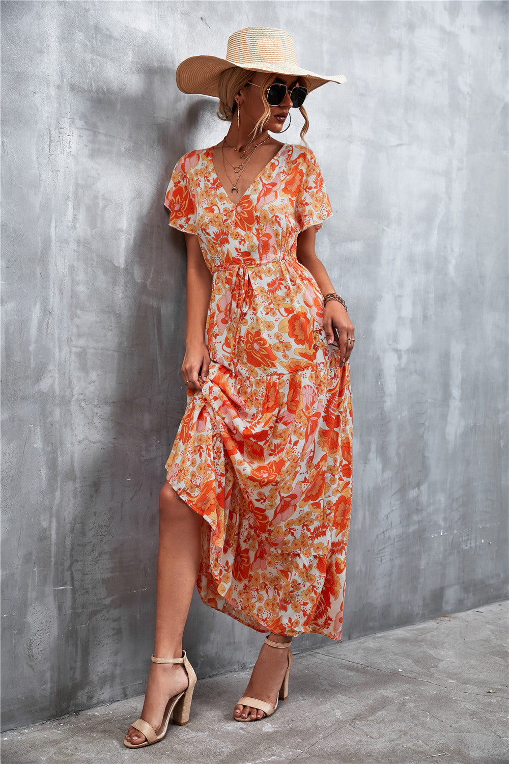 Buy Floral Buttoned Drawstring Waist Tiered Dress by Faz