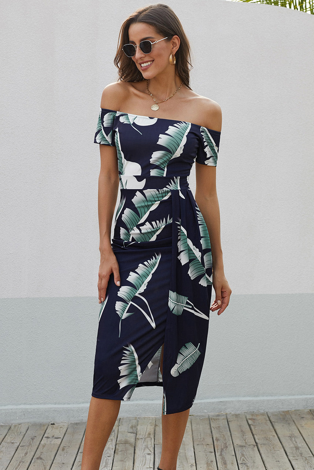 Buy Printed Off-Shoulder Split Dress by SYNZ