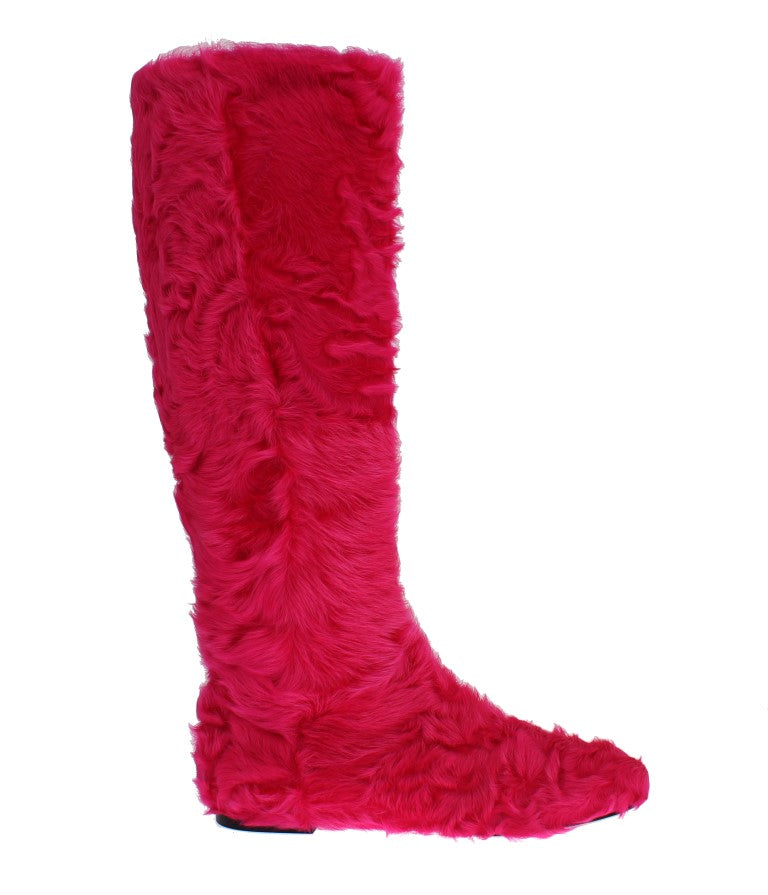 Buy Pink Lamb Fur Leather Flat Boots by Dolce & Gabbana