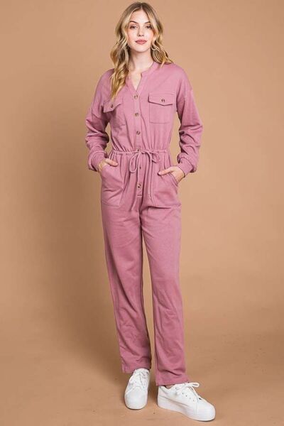 Full Size Button Up Drawstring Waist Straight Jumpsuit
