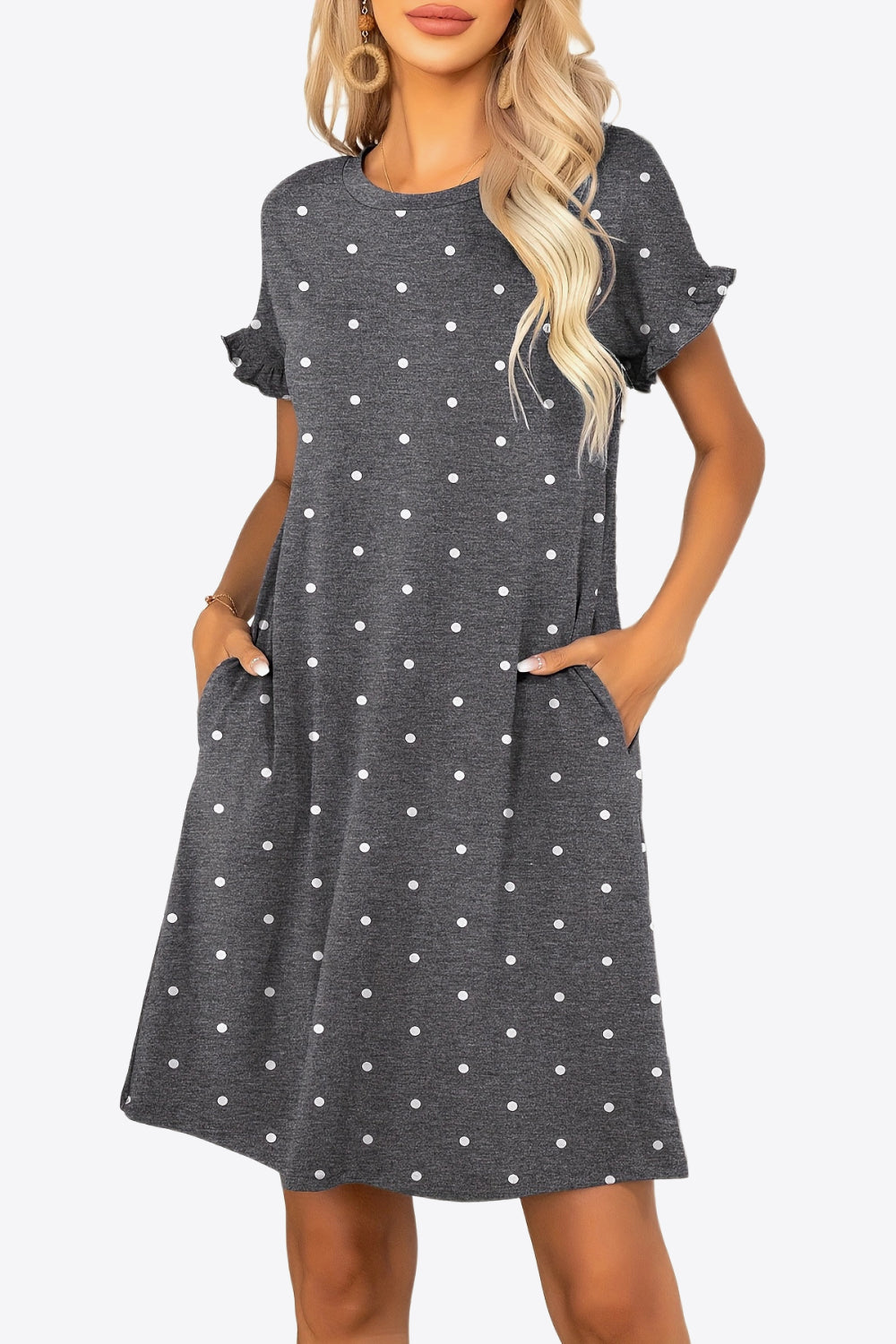 Buy Flounce Sleeve Round Neck Dress with Pockets by Putica