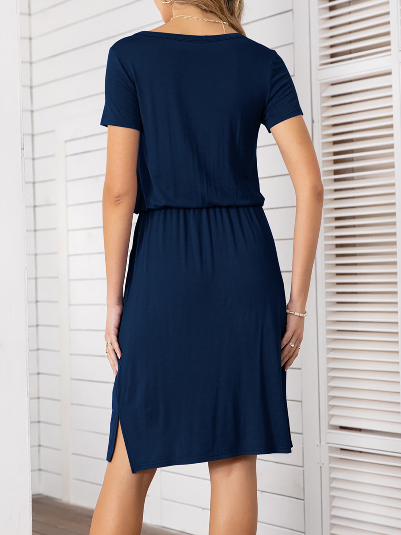 Buy Round Neck Short Sleeve Slit Dress with Pockets by Putica