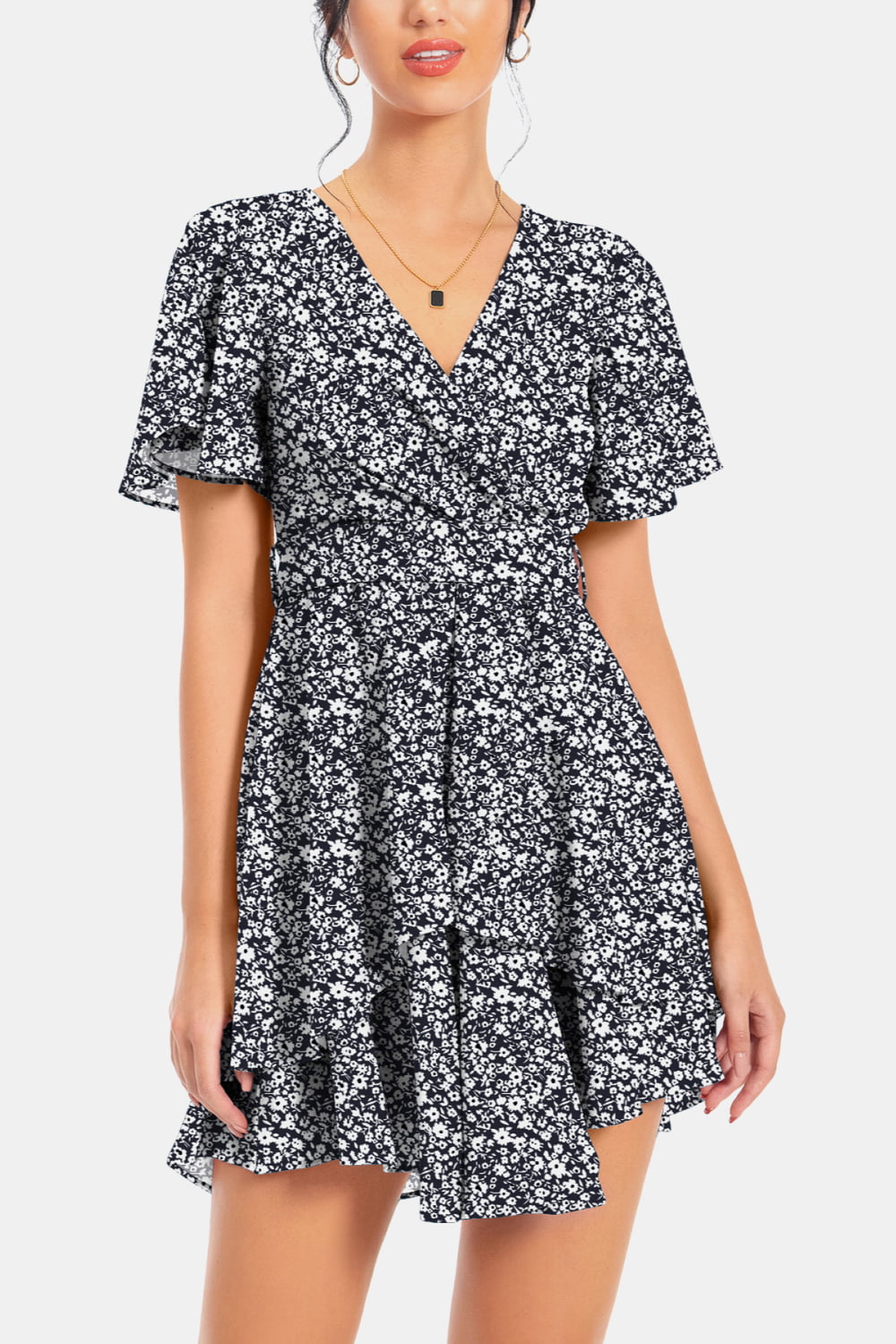 Buy Surplice Neck Flutter Sleeve Dress by A&D