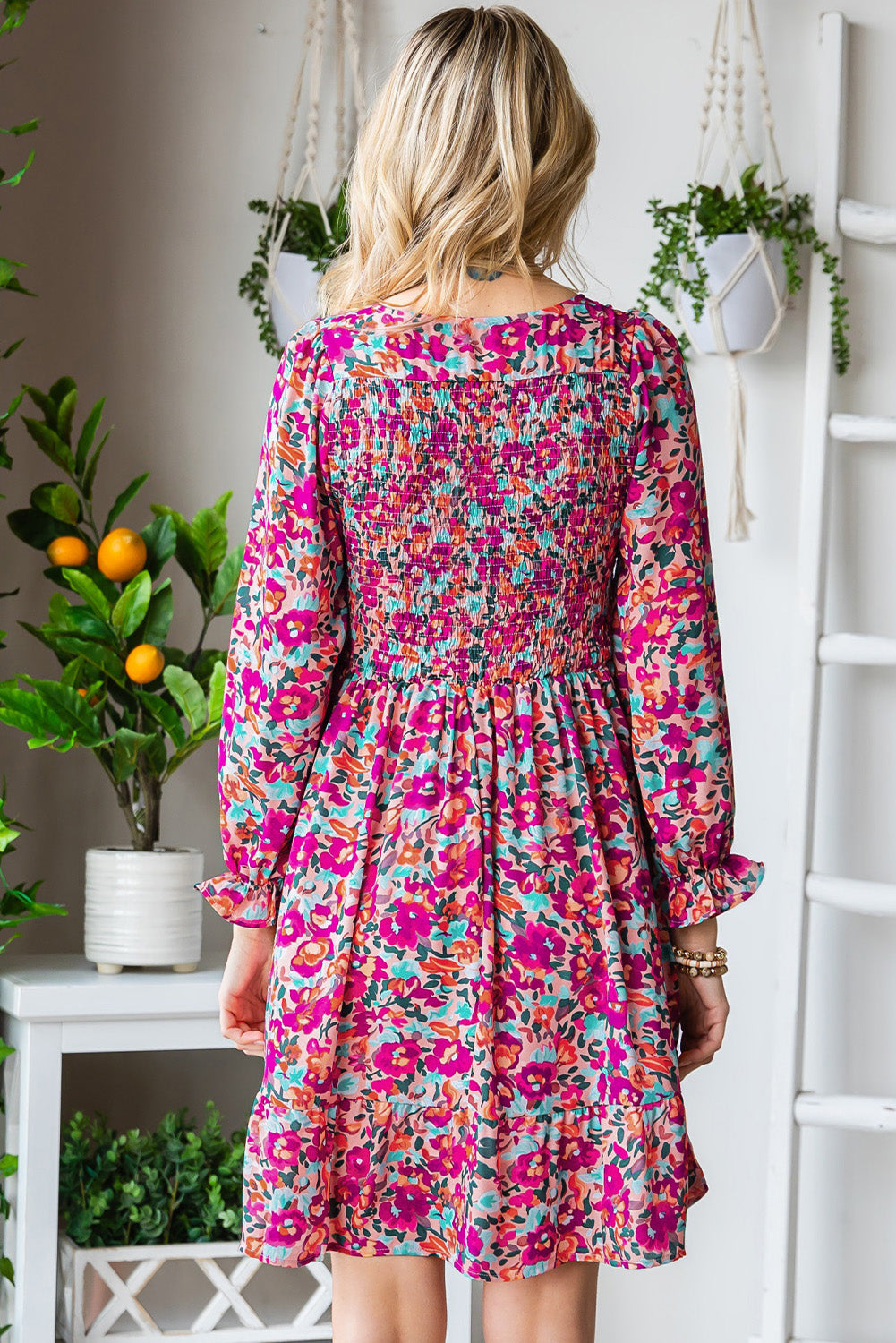 Buy Floral Smocked V-Neck Flounce Sleeve Dress by Faz