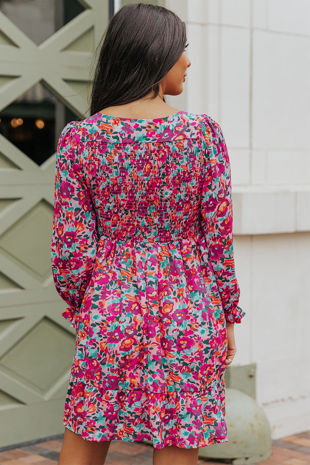 Buy Floral Smocked V-Neck Flounce Sleeve Dress by Faz
