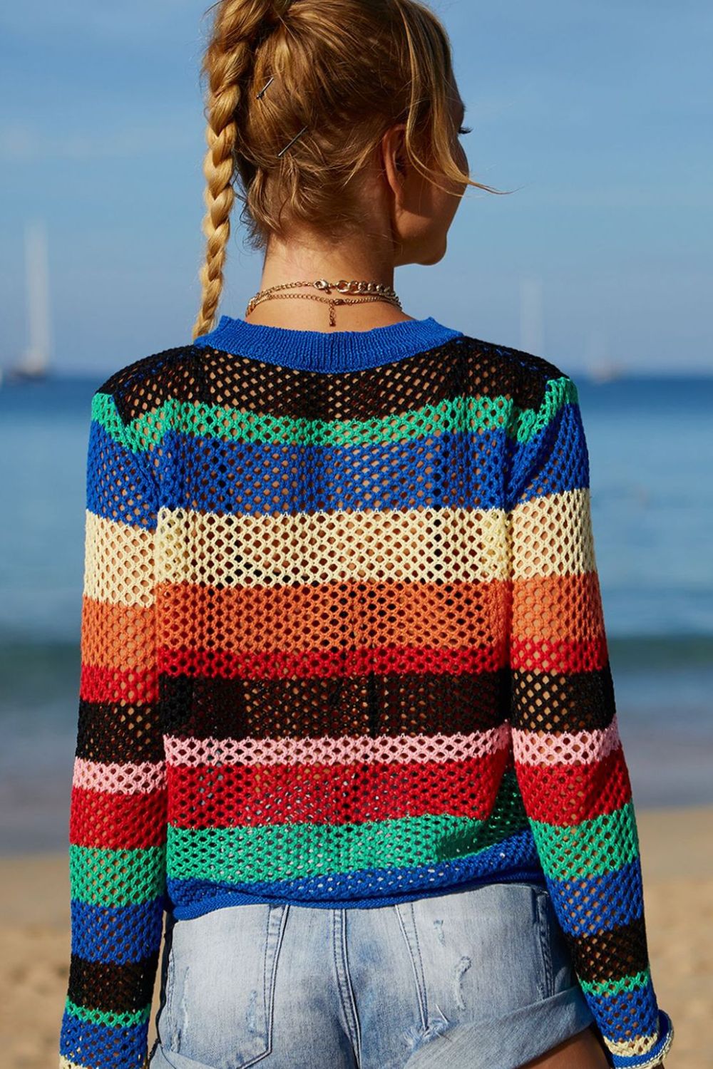 Buy Rainbow Stripe Openwork Long Sleeve Cover-Up by Faz