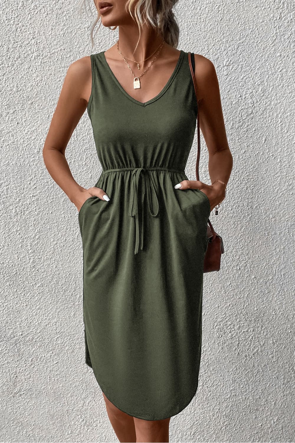 Buy V-Neck Curved Hem Sleeveless Dress by Hundredth