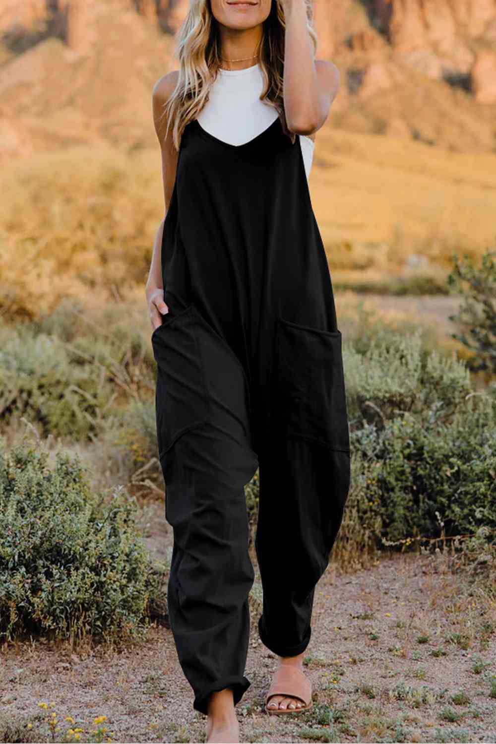 Buy Full Size V-Neck Sleeveless Jumpsuit with Pockets by Double Take
