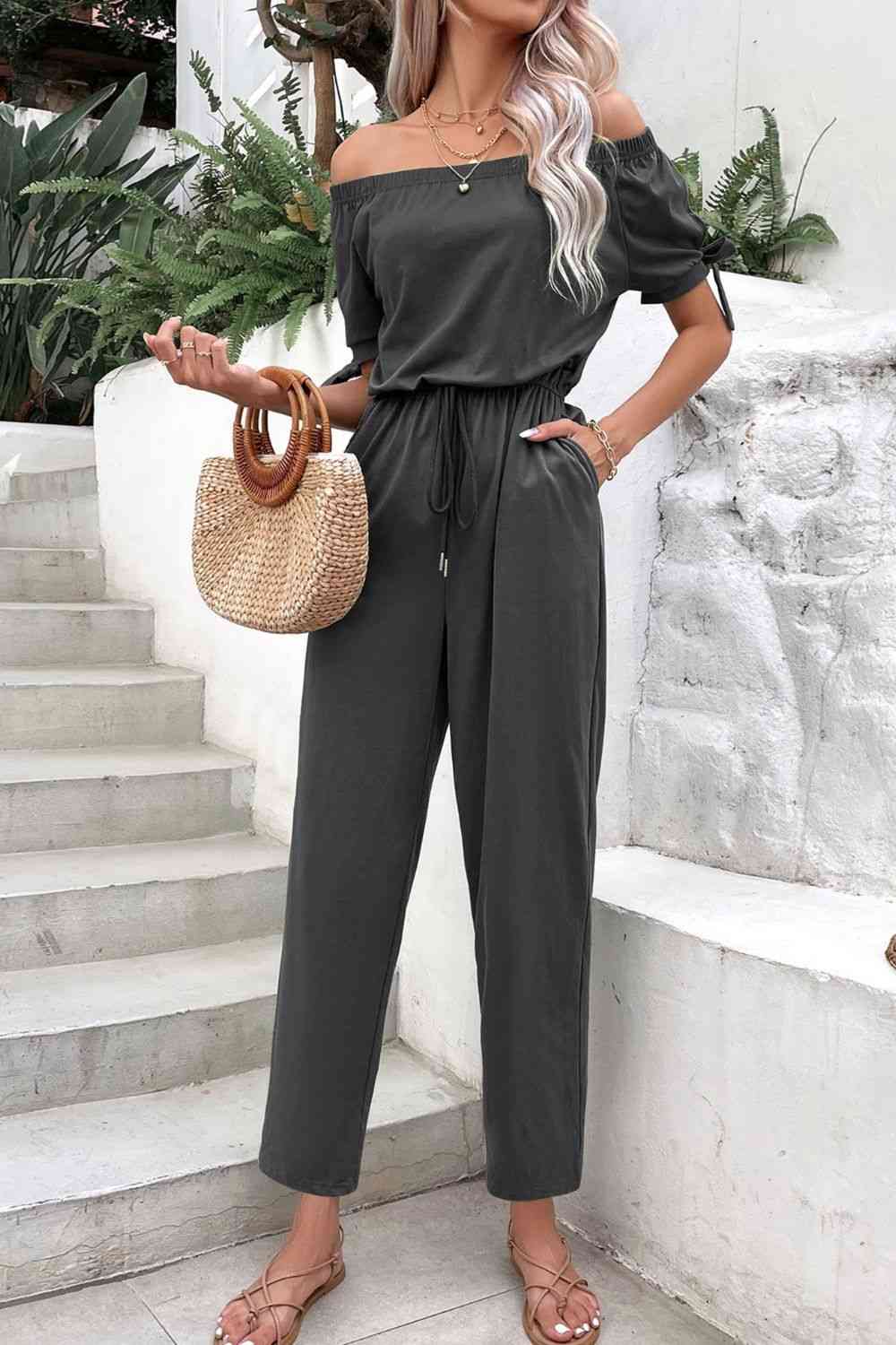 Buy Off-Shoulder Tie Cuff Jumpsuit with Pockets by Hundredth