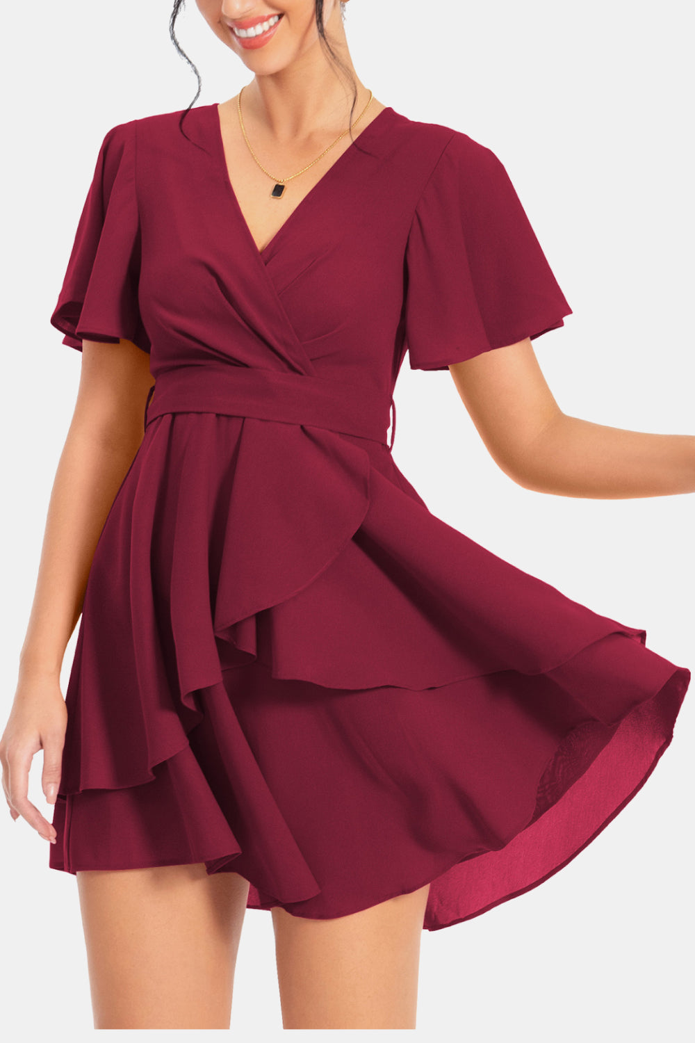 Buy Surplice Neck Flutter Sleeve Dress by A&D