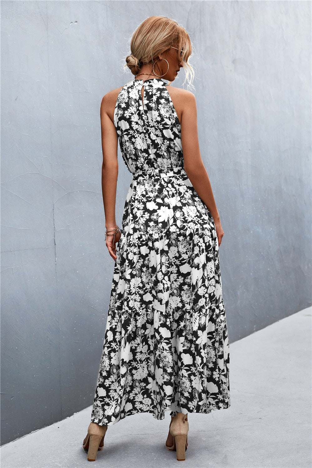 Buy Printed Sleeveless Tie Waist Maxi Dress by YO