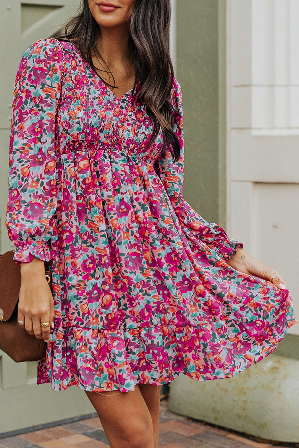 Buy Floral Smocked V-Neck Flounce Sleeve Dress by Faz