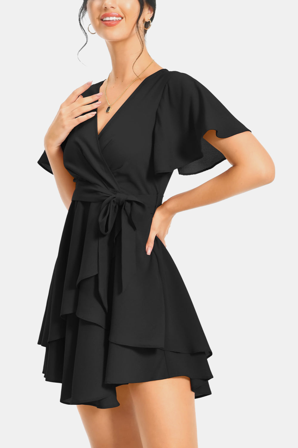 Buy Surplice Neck Flutter Sleeve Dress by A&D