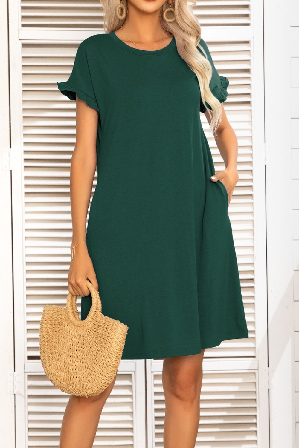 Buy Flounce Sleeve Round Neck Dress with Pockets by Putica