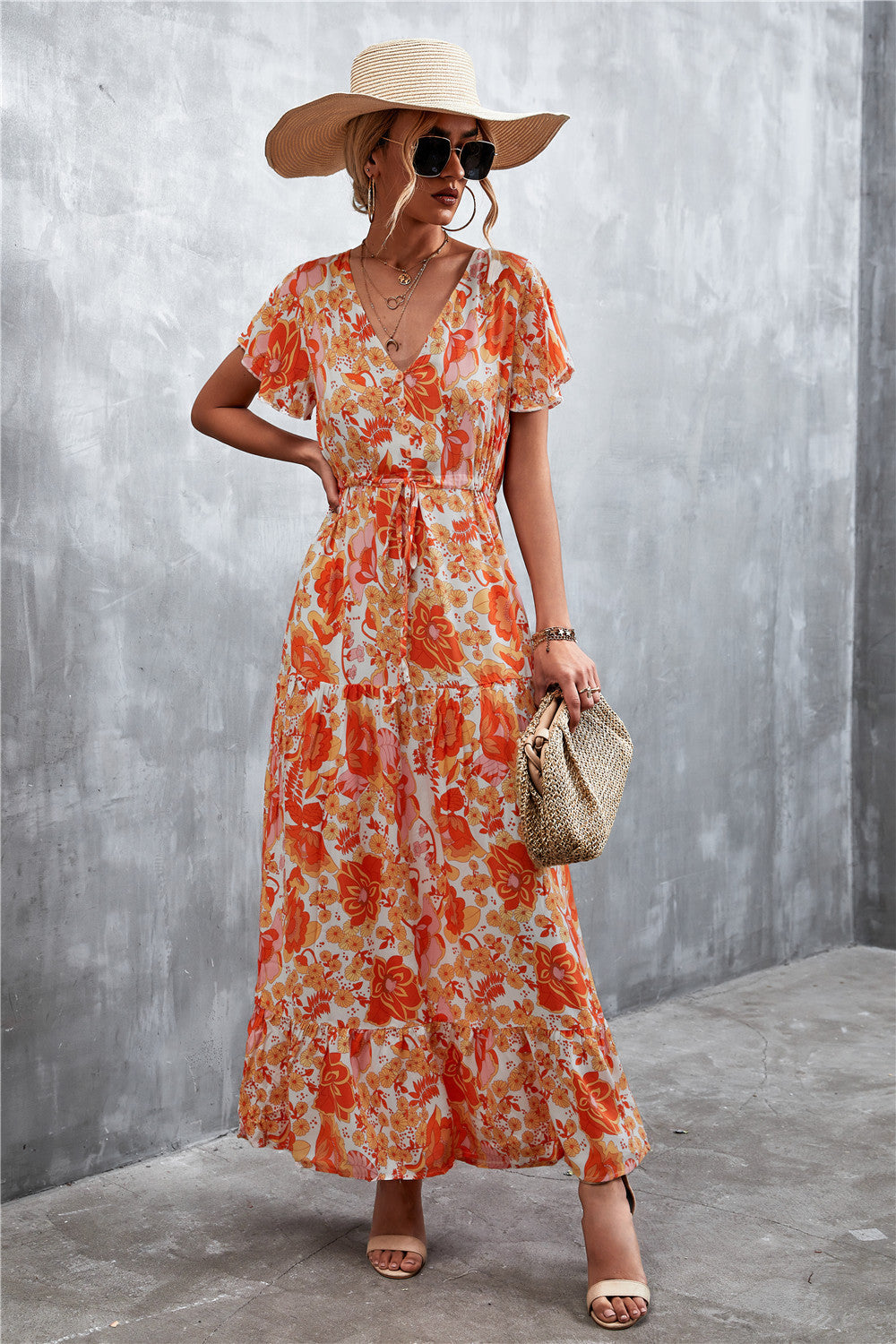 Buy Floral Buttoned Drawstring Waist Tiered Dress by Faz
