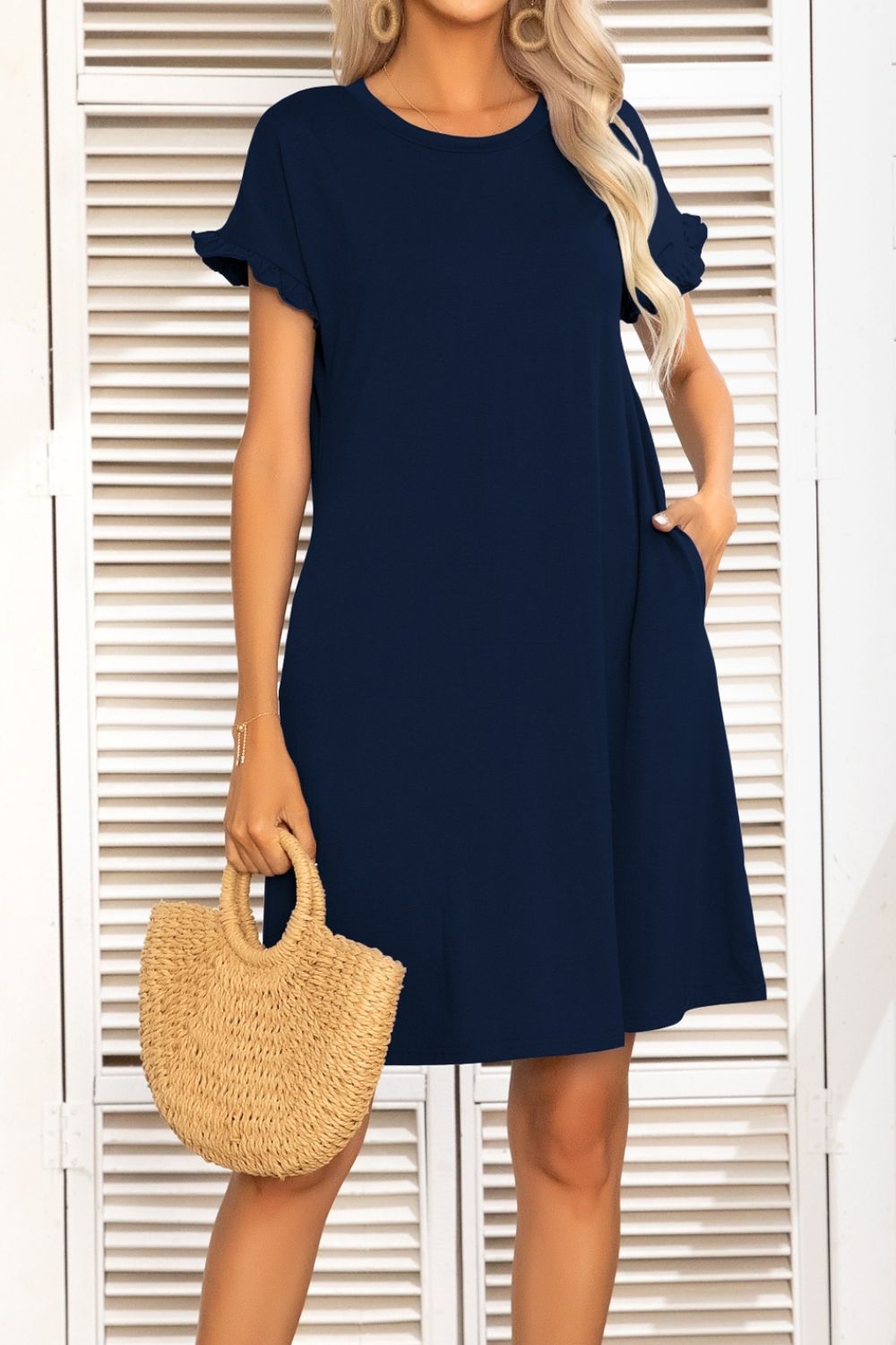 Buy Flounce Sleeve Round Neck Dress with Pockets by Putica