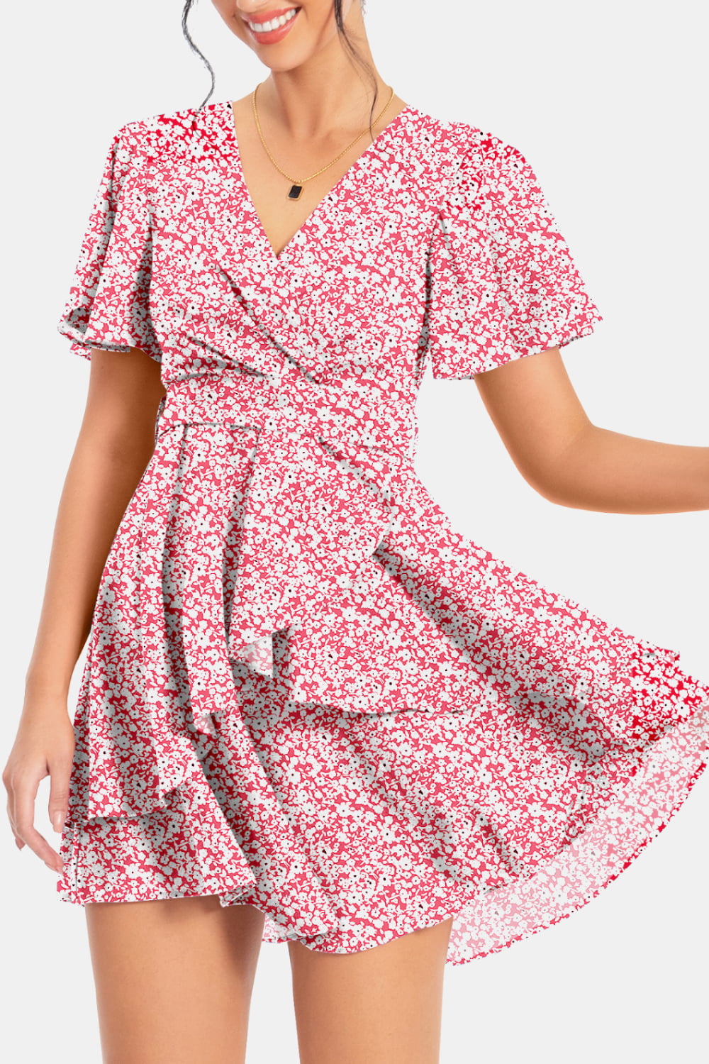 Buy Surplice Neck Flutter Sleeve Dress by A&D