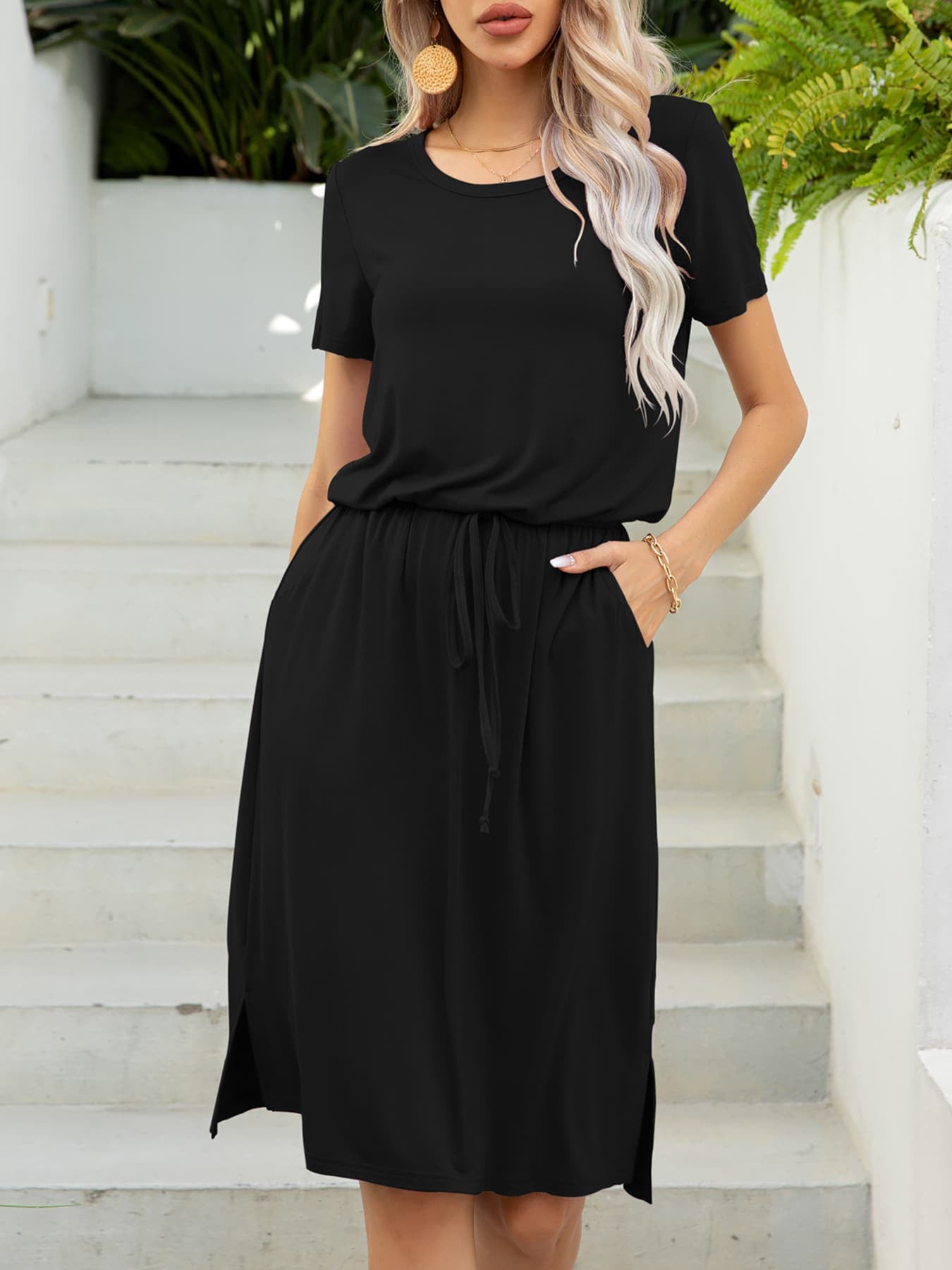 Buy Round Neck Short Sleeve Slit Dress with Pockets by Putica