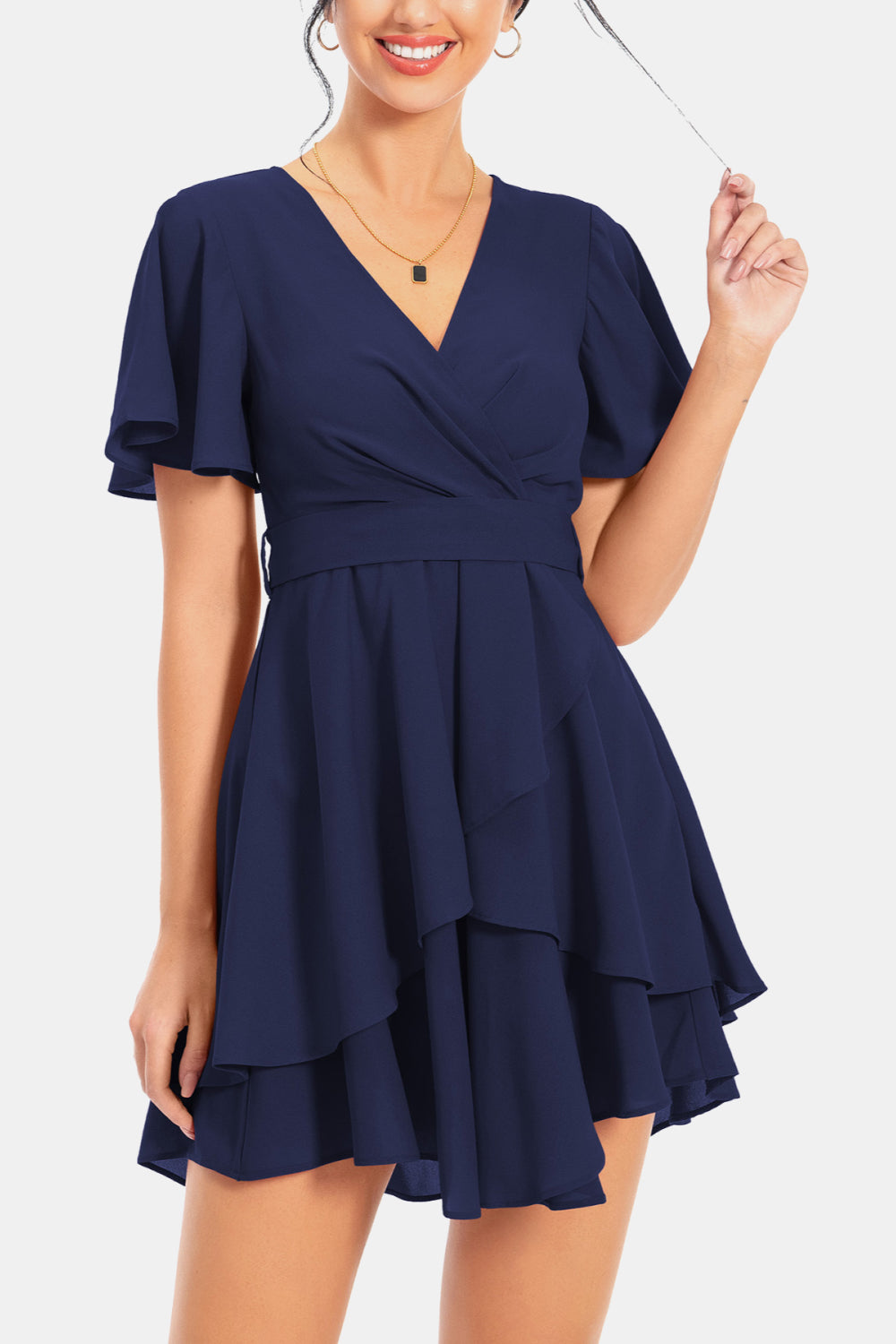 Buy Surplice Neck Flutter Sleeve Dress by A&D