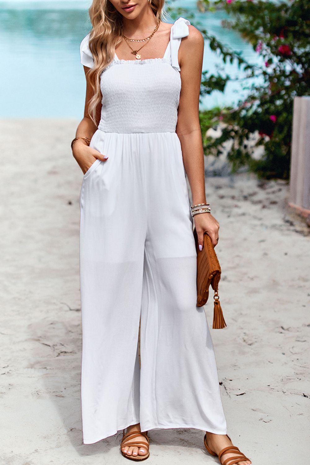 Buy Frill Trim Tie Shoulder Wide Leg Jumpsuit with Pockets by Faz
