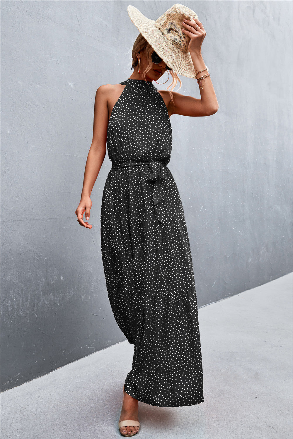 Buy Printed Sleeveless Tie Waist Maxi Dress by YO
