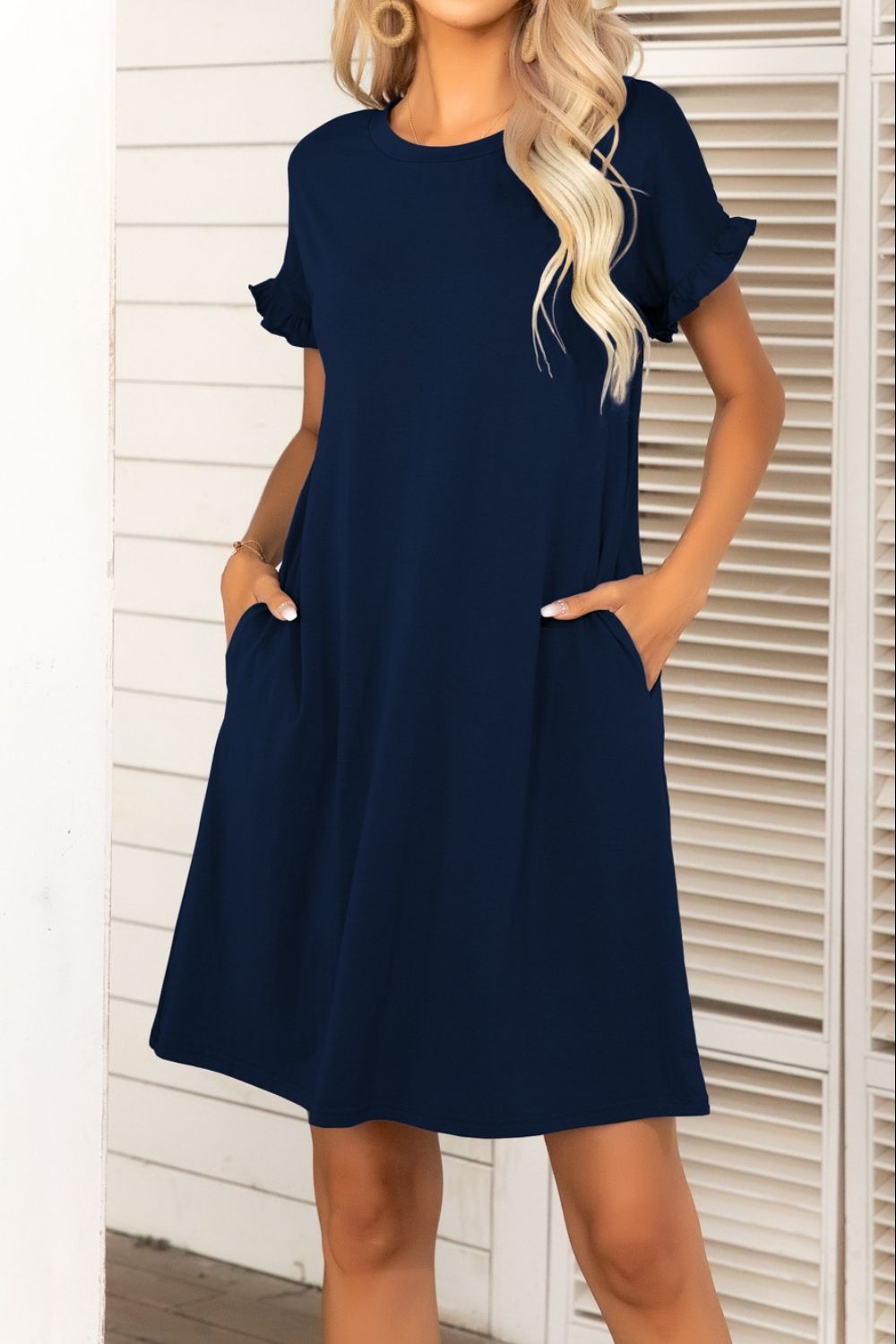 Buy Flounce Sleeve Round Neck Dress with Pockets by Putica