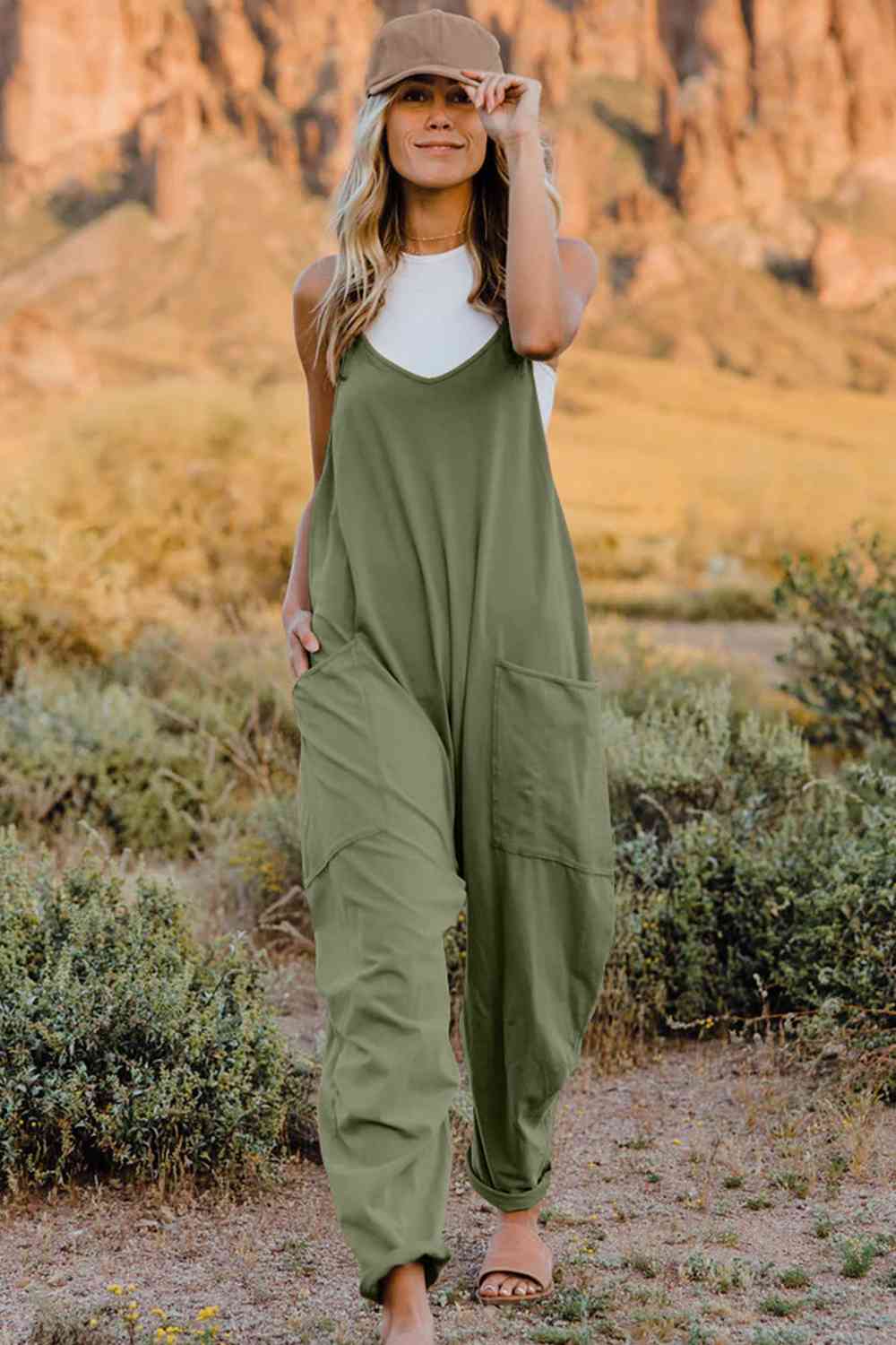 Buy Full Size V-Neck Sleeveless Jumpsuit with Pockets by Double Take